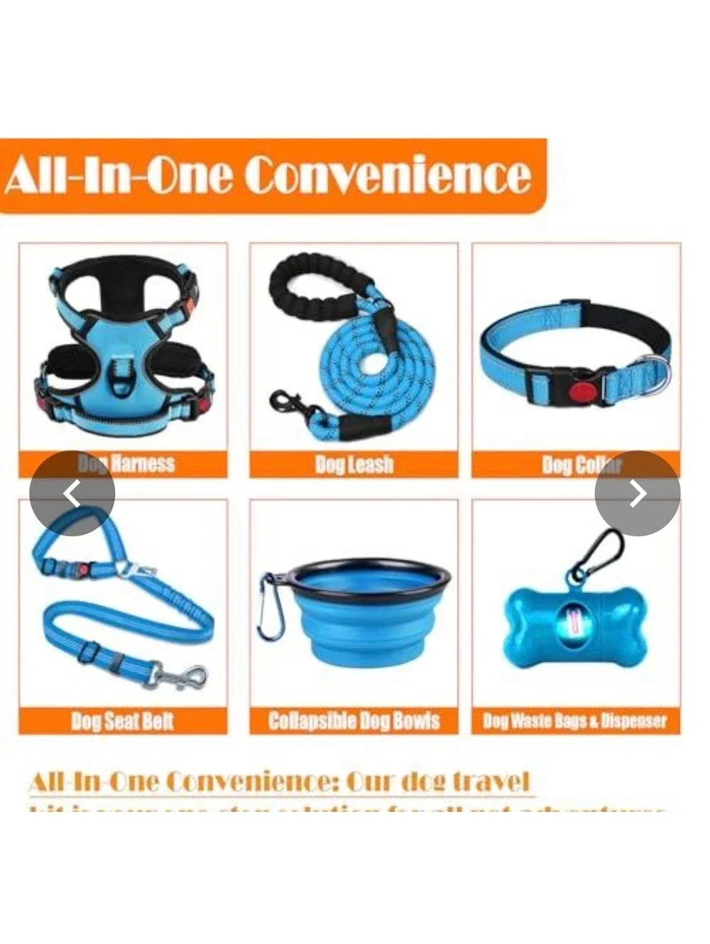 Complete Blue Dog Travel Set with Harness, Leash, Collar, Bowl, and Waste Bag